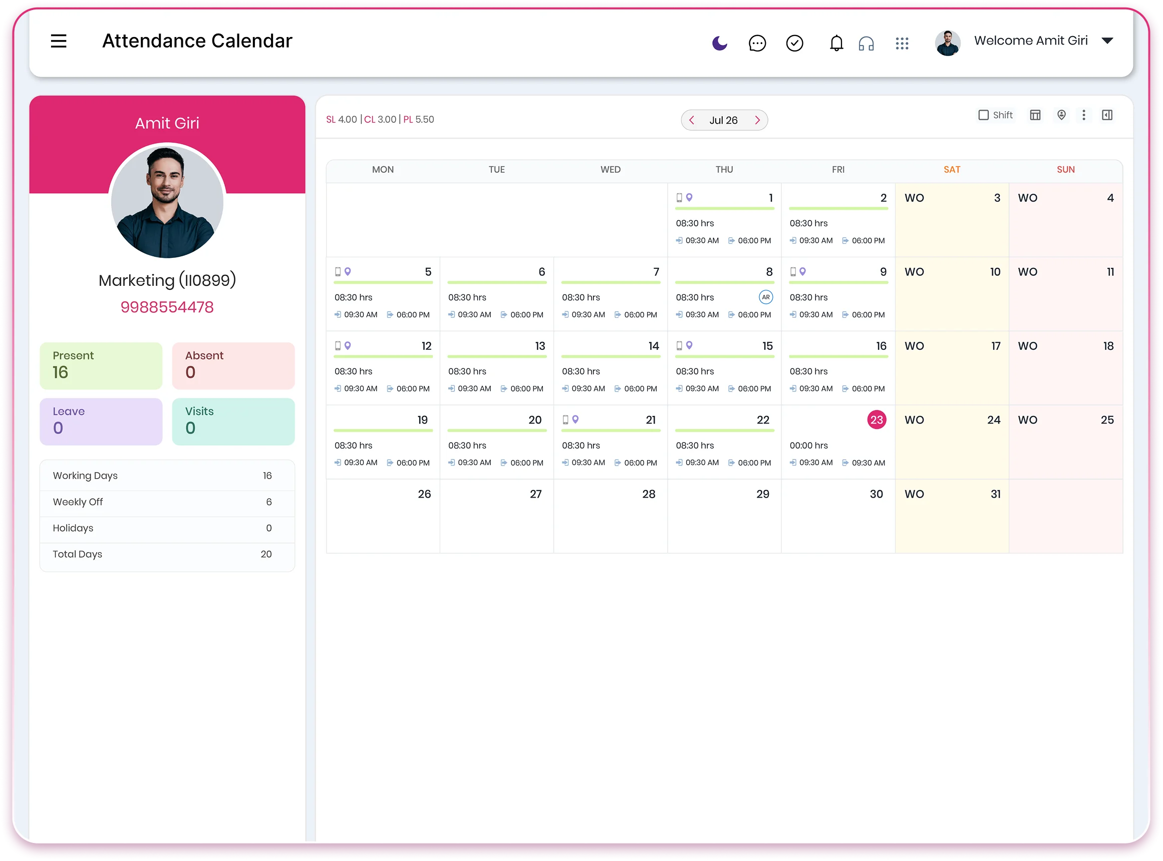 QkrHR attendance management dashboard showing real-time punch-ins, shift schedules, overtime, and regularization requests