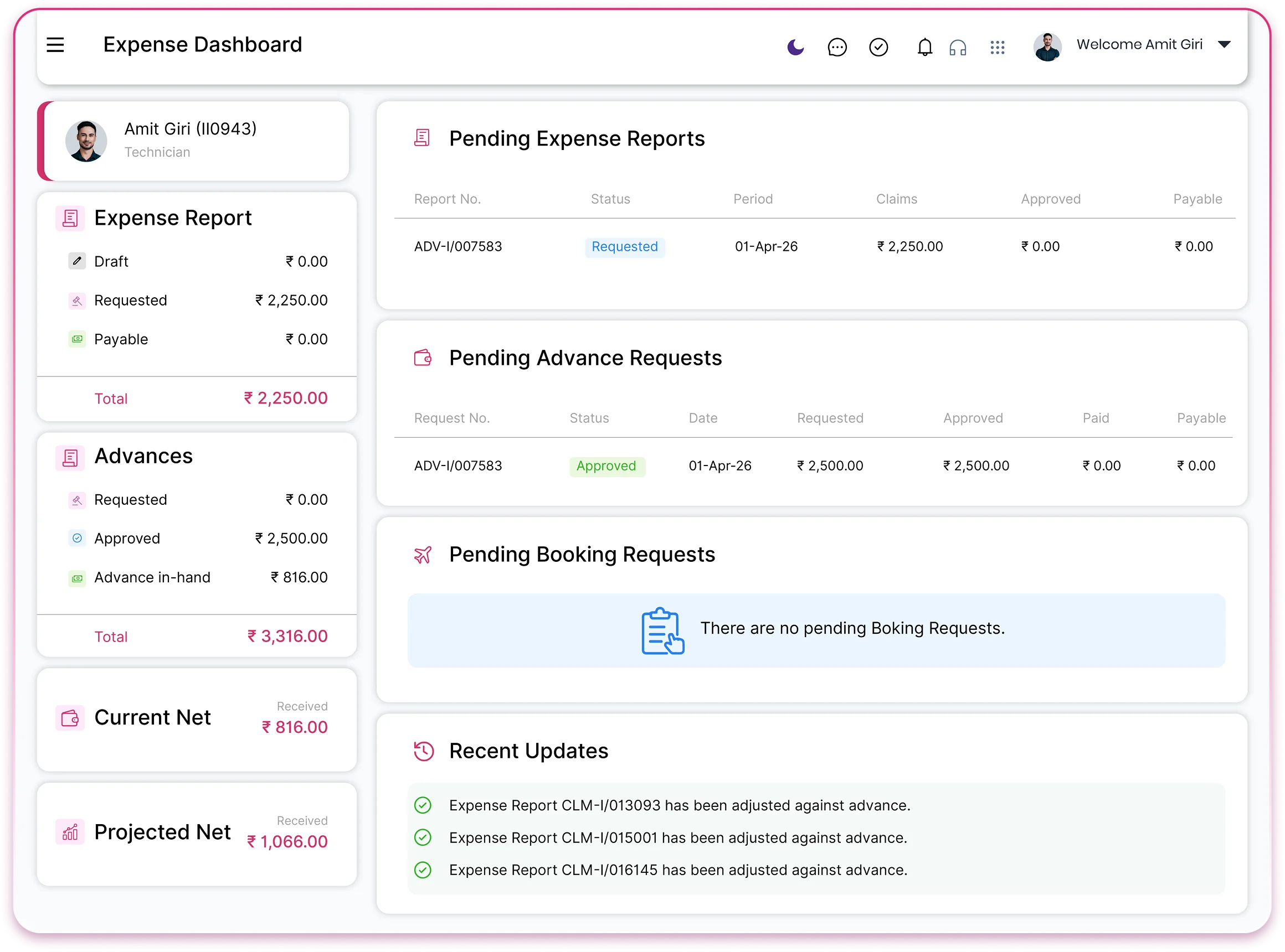 QkrHR expense management dashboard showing pending expense reports, advance requests, and travel booking approvals