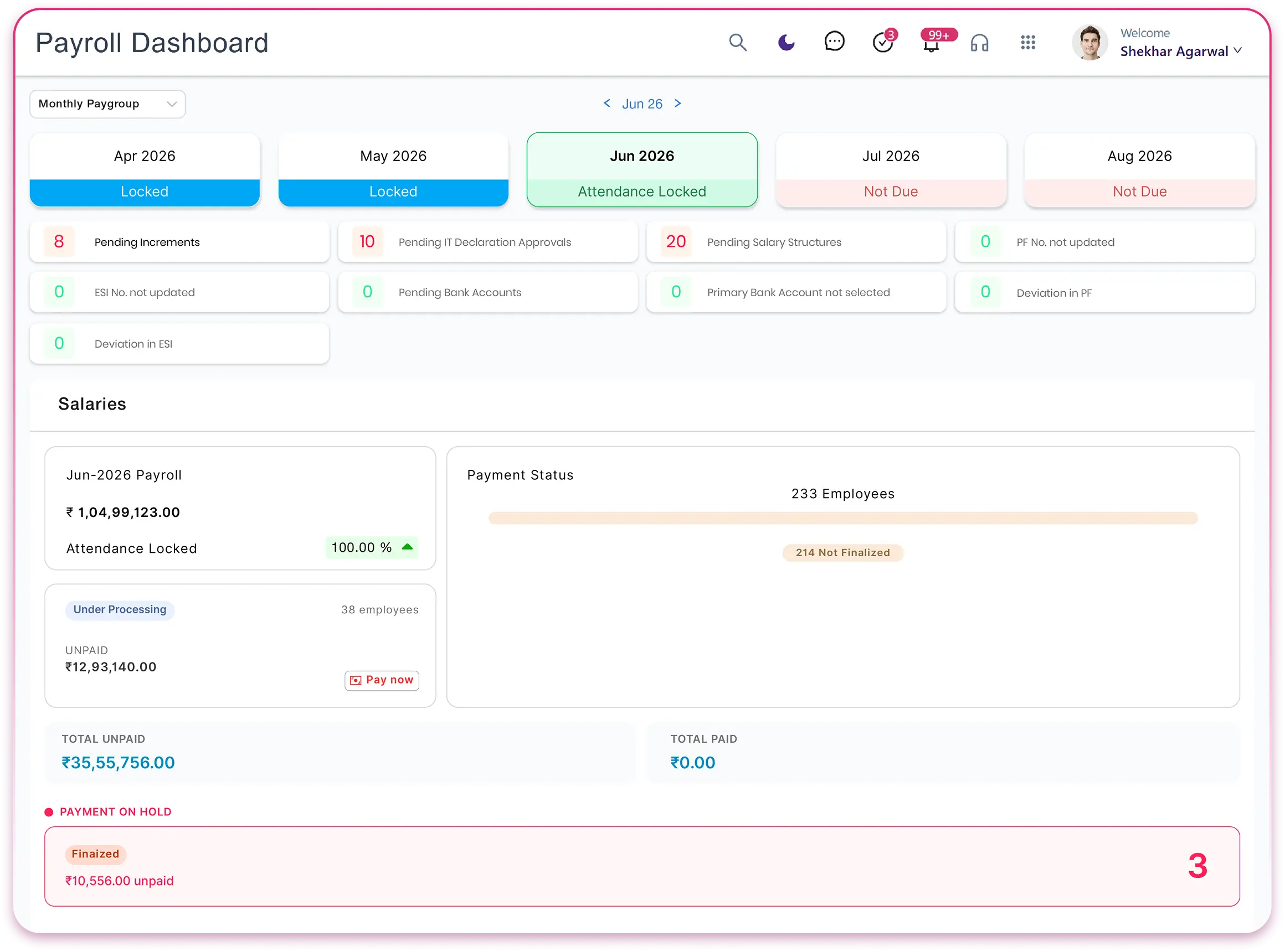 QkrHR payroll management dashboard showing salary processing, PF, ESI, and TDS deductions with payslip generation