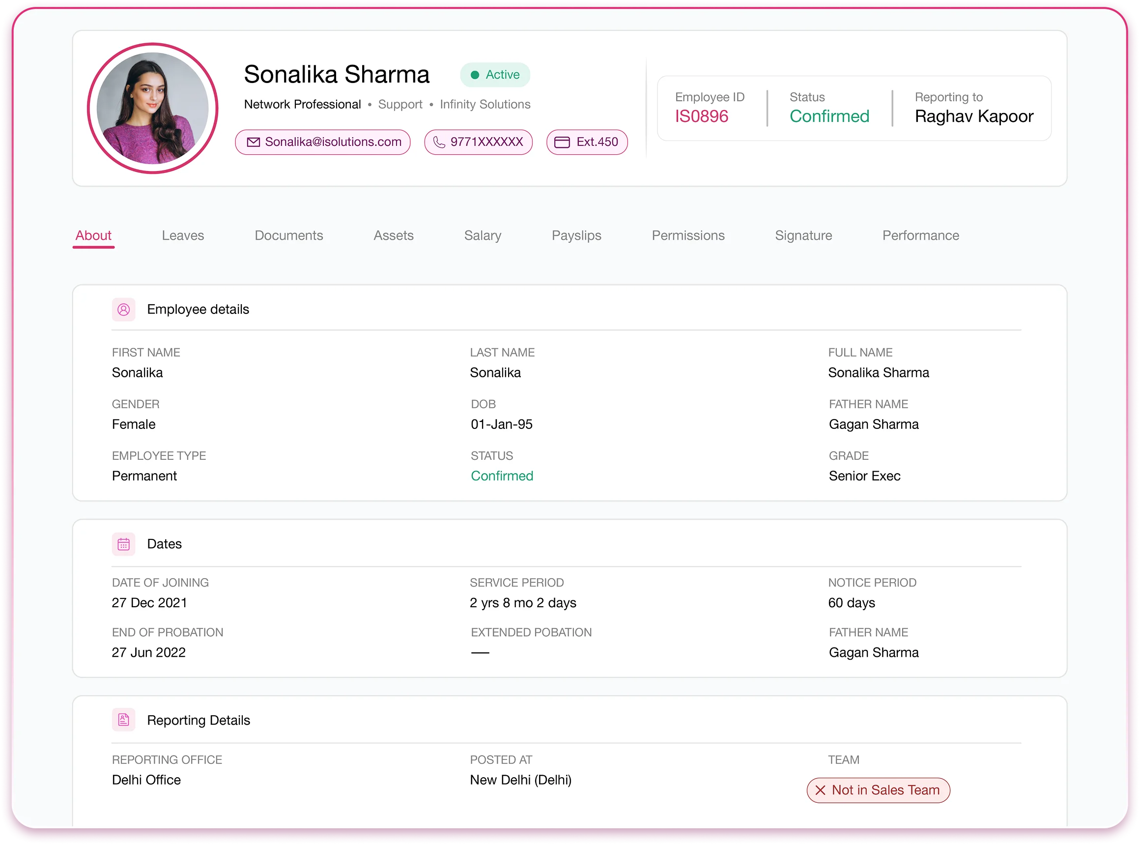 QkrHR employee profile dashboard showing employee records, documents, job history, and asset details